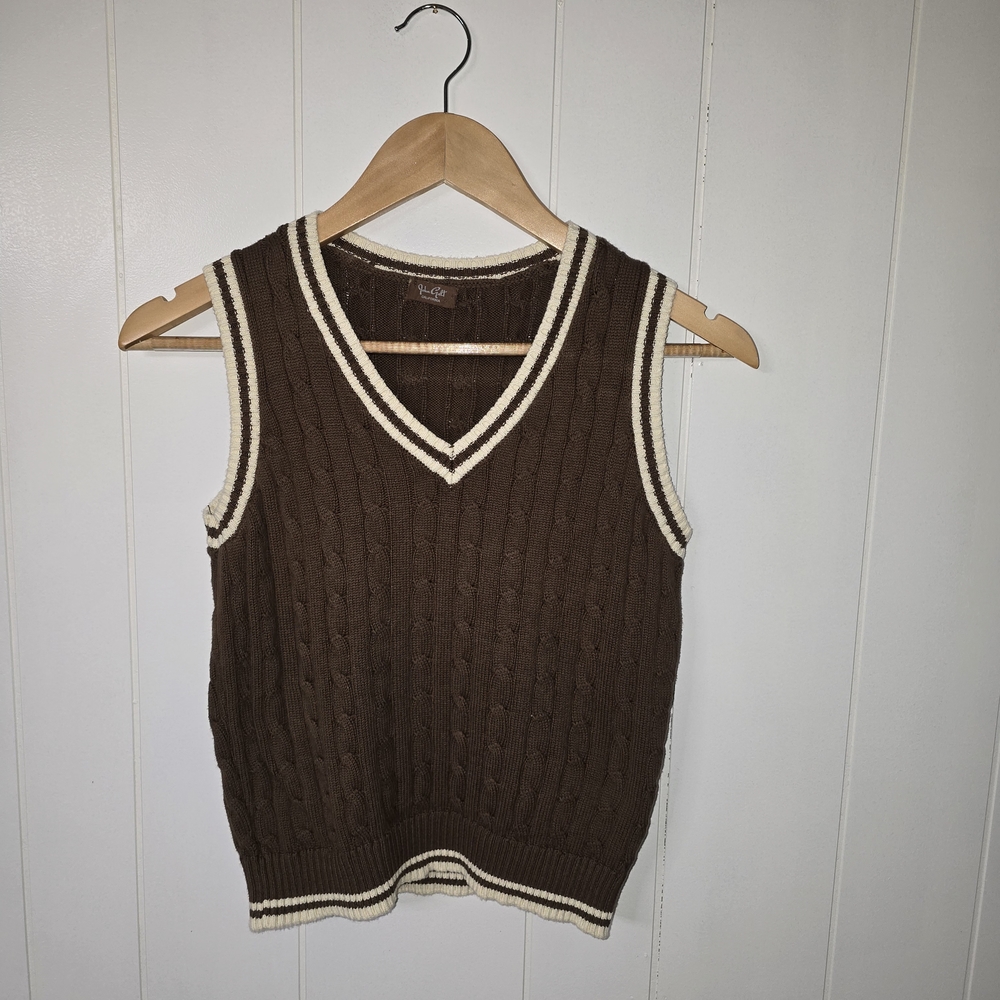 Brown Cable Knit V-Neck Sweater Vest with Cream Trim